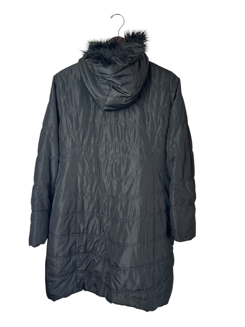 Motherhood Maternity Black Long Hooded Puffer Coat with Faux-Fur Trim - Picture 2 of 4